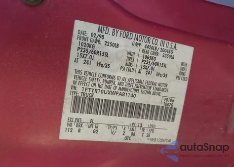 1998 Ford Ranger Splash/Xl/Xlt from USA, damaged, VIN 1FTYR10UXWPA81140